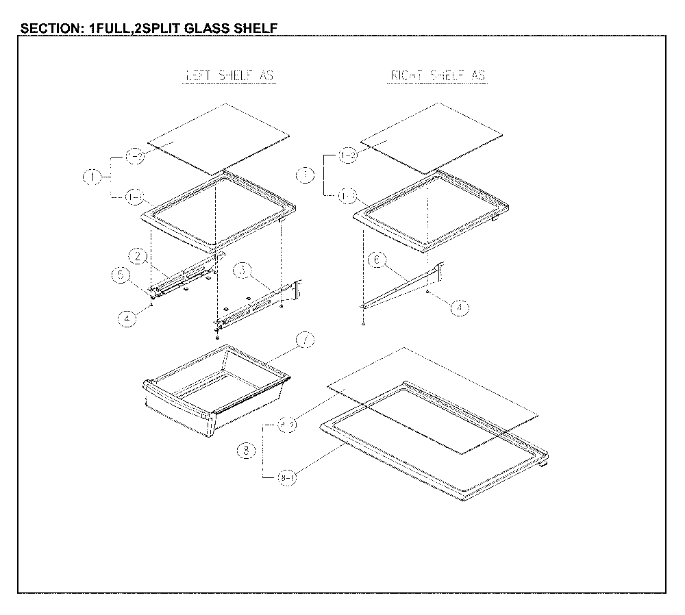 Full/Split Glass Shelves Diagram and Parts List for 11161209713  Kenmore Refrigerator