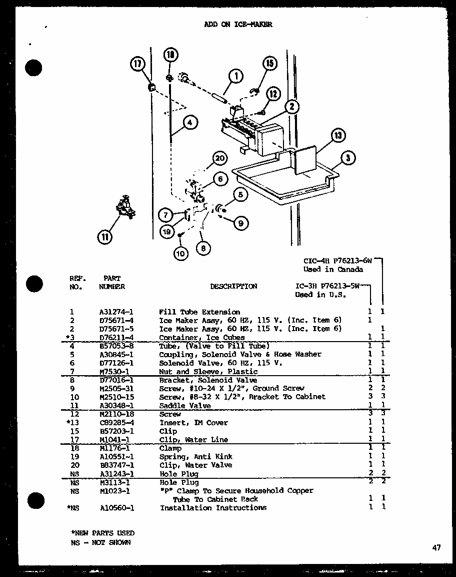 Add On Ice-maker (ic-3h/p76213-5w) (cic-4h/p76213-6w) Diagram and Parts List for TMI20SPH-P7711031W  Amana Refrigerator