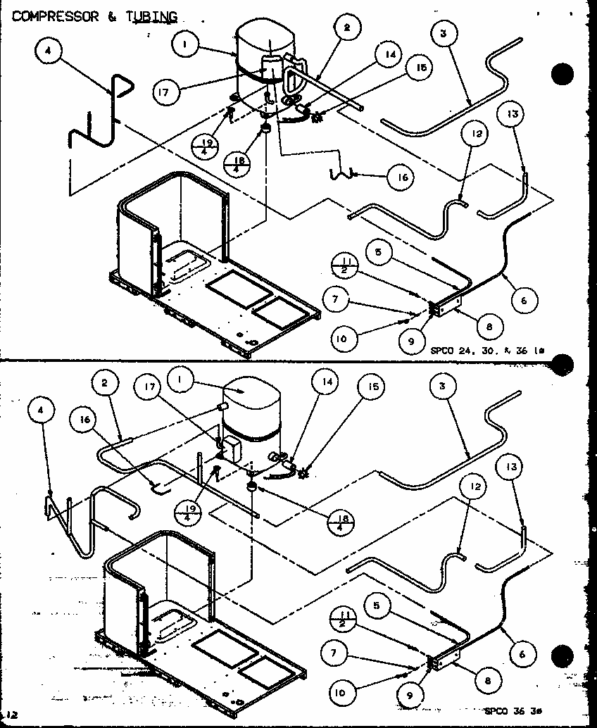 Compressor & Tubing (spco24001a/p9999101c) (spco30001a/p9999102c) (spco36001a/p9999103c) (spco36003a/p9999104c) Diagram and Parts List for D9836801  Amana Air Conditioner