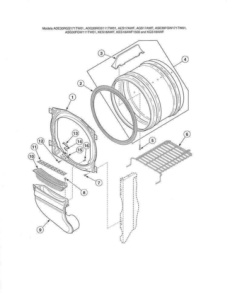 Front Bulkhead/air Duct/felt Seal Diagram and Parts List for  Speed Queen Dryer