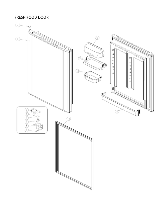 Fresh Food Door Parts 2 Diagram and Parts List for 11160512913  Kenmore Refrigerator