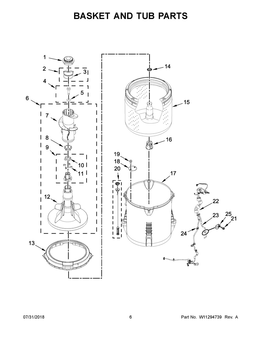 Basket And Tub Parts Diagram and Parts List for  Maytag Washer