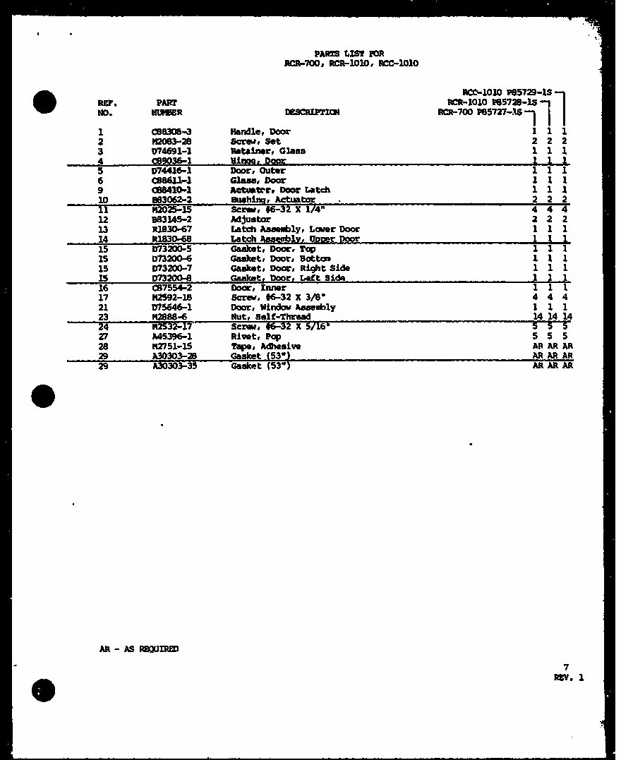 (rcr-700/p85727-1s) (rcr-1010/p85728-1s) (rcc-1010/p85729-1s) Diagram and Parts List for RVH-6 P85401-2S Amana Range
