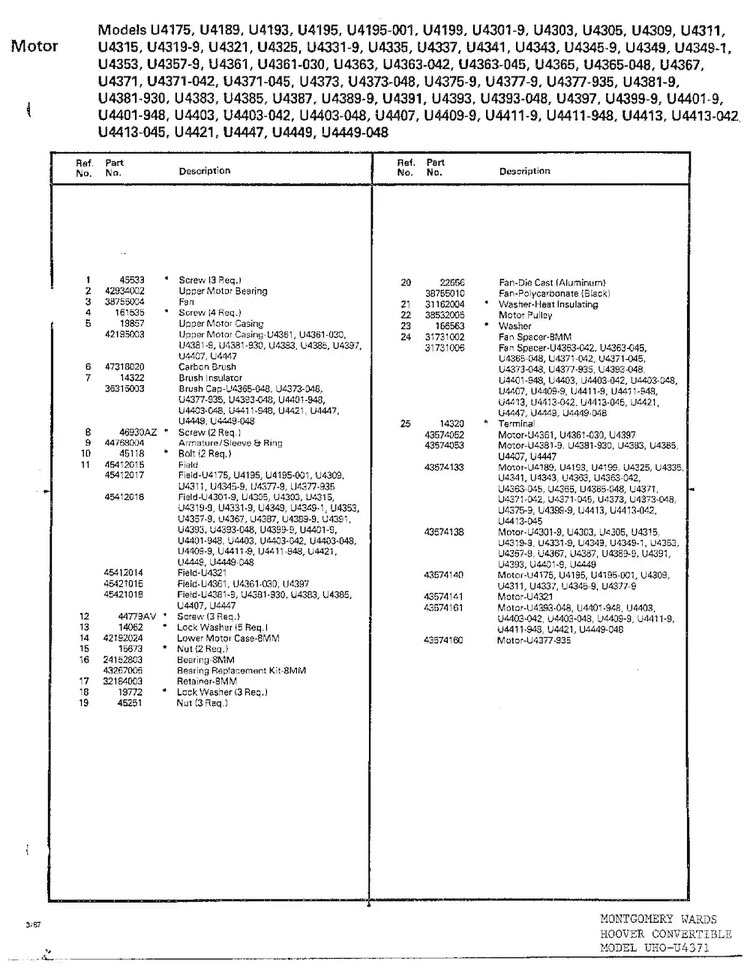 Motor Assembly Page 2 Diagram and Parts List for U4371  Hoover Upright Vacuum