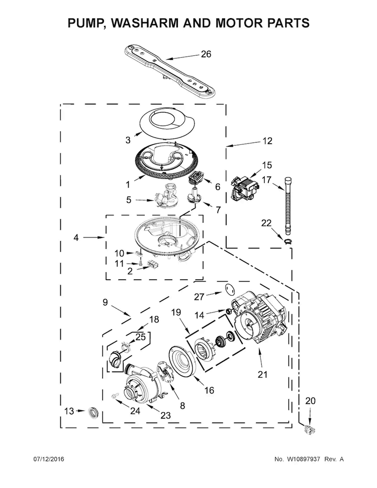Pump, Washarm And Motor Parts Diagram and Parts List for  Maytag Dishwasher