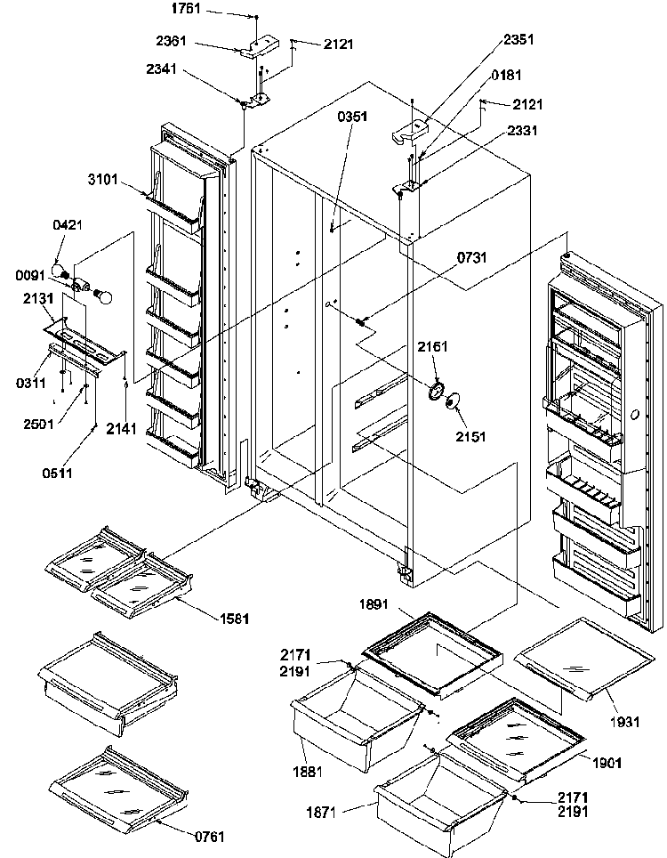 Refrigerator/freezer Shelves, Lights, And Hinges Diagram and Parts List for SBIE20TPW-P1190708WW  Amana Refrigerator