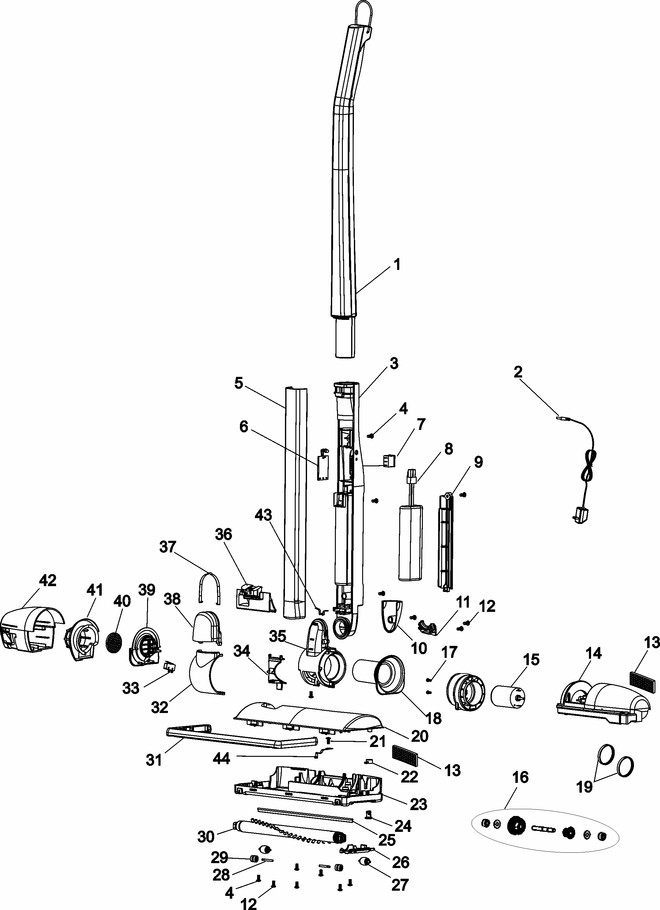 Complete Assembly Diagram and Parts List for S2105-050  Hoover Upright Vacuum