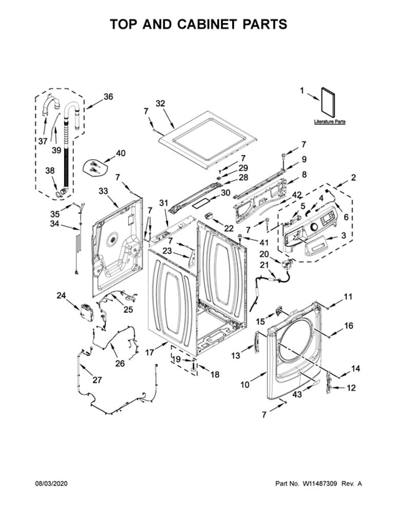 Top And Cabinet Parts Diagram and Parts List for  Maytag Washer