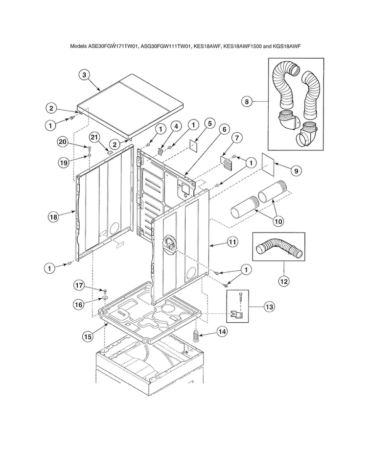 Cabinet/exhaust Duct/base-stacked Diagram and Parts List for  Speed Queen Dryer