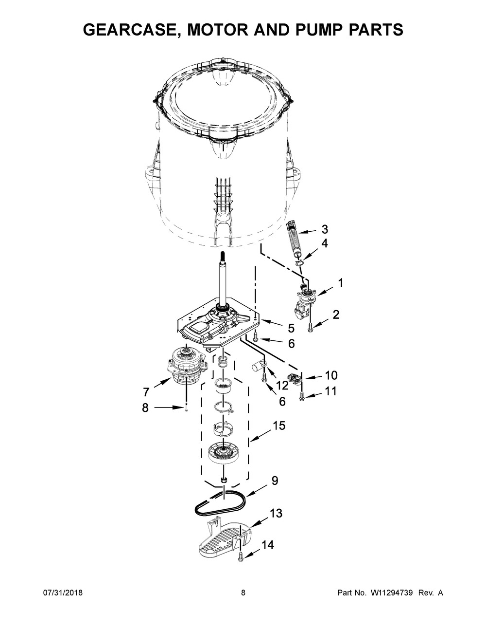 Gearcase, Motor And Pump Parts Diagram and Parts List for  Maytag Washer