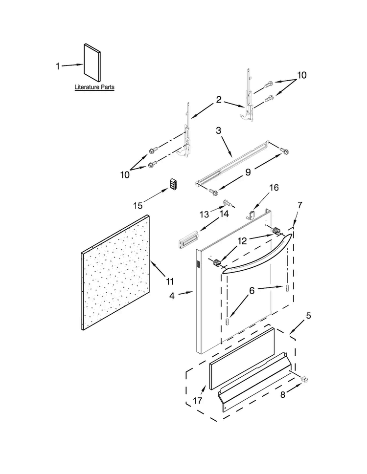 Door And Panel Parts Diagram and Parts List for  Amana Dishwasher