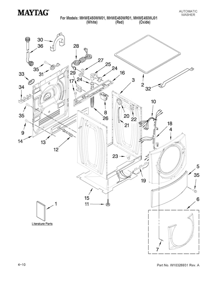 Top And Cabinet Parts Diagram and Parts List for  Maytag Washer
