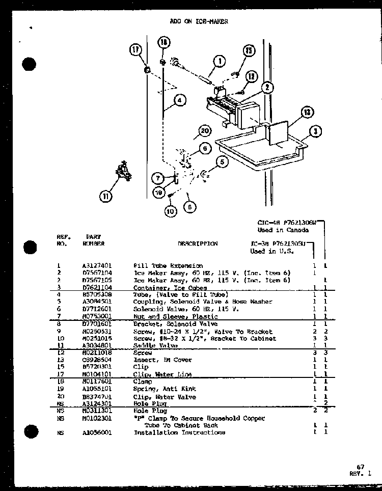 Section 3 Diagram and Parts List for CIC-4H-P7621308W  Amana Refrigerator