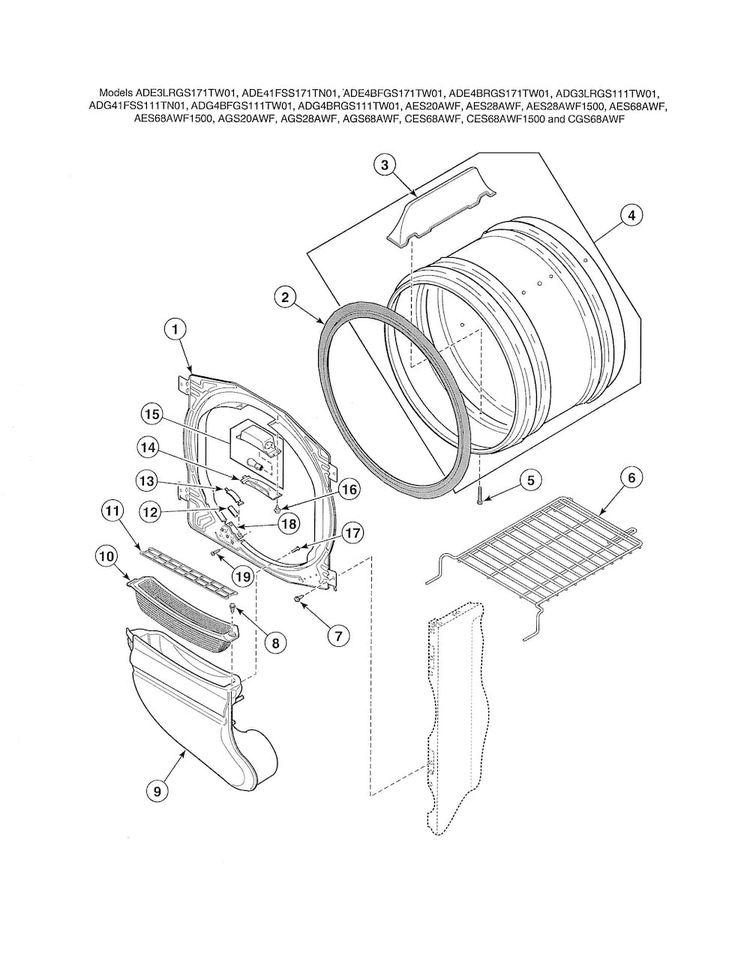 Front Bulkhead/air Duct/felt Seal Diagram and Parts List for  Speed Queen Dryer