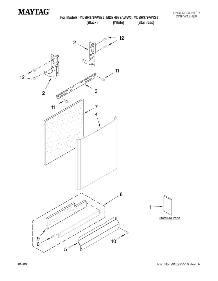 Door And Panel Parts Diagram and Parts List for MDBH979AWW3  Maytag Dishwasher