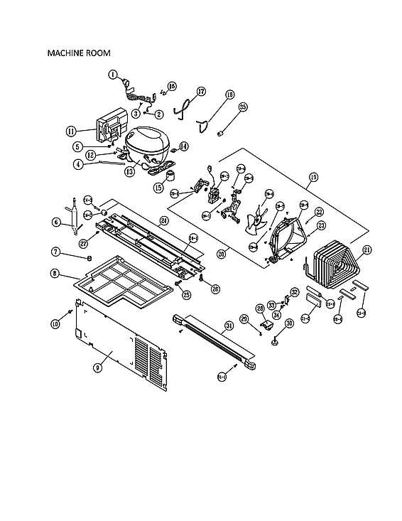 Machine Room Diagram and Parts List for 11161219614  Kenmore Refrigerator