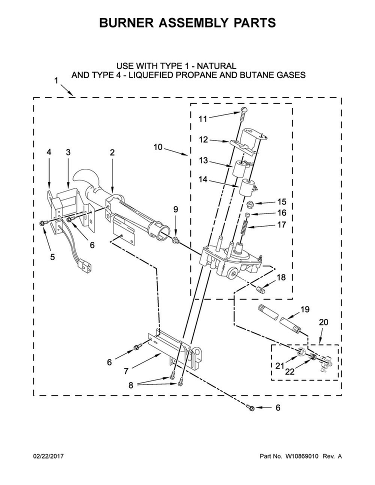 Burner Assembly Parts Diagram and Parts List for MDG20PDAWW0  Maytag Dryer