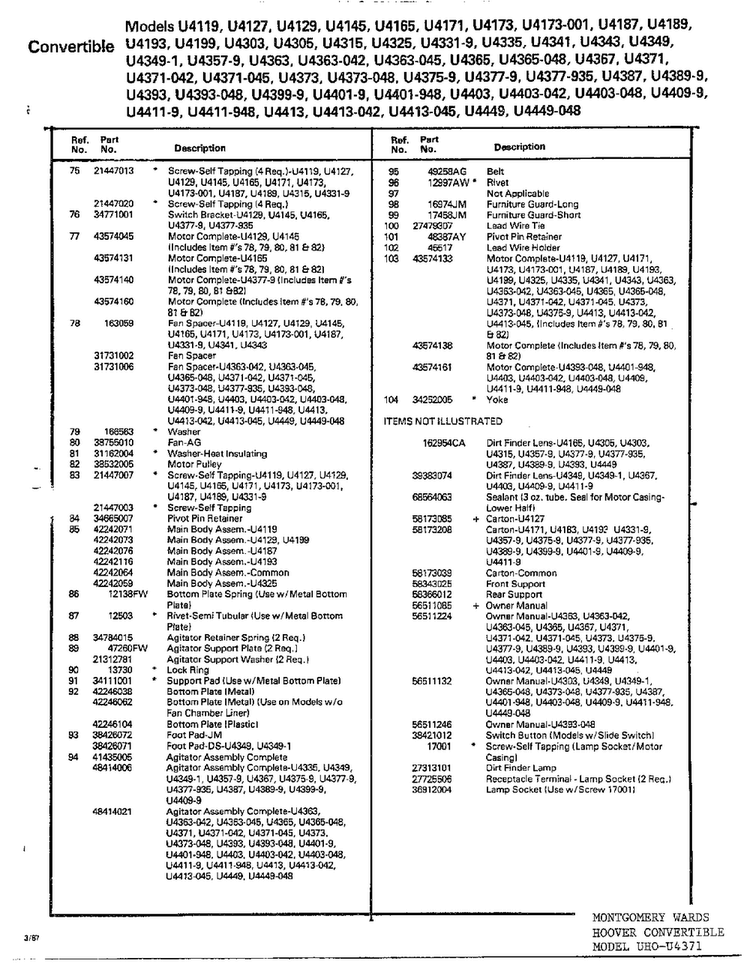 Hoover Convertible Vacuum Assembly Page 2 Diagram and Parts List for U4119  Hoover Upright Vacuum