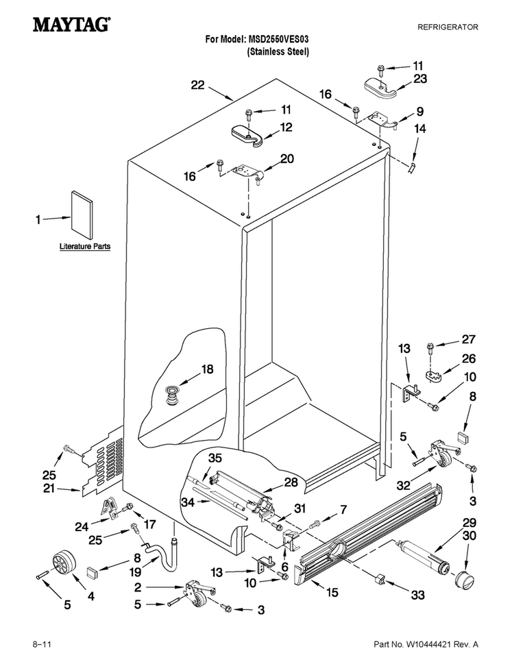 Cabinet Parts Diagram and Parts List for MSD2550VES03  Maytag Refrigerator