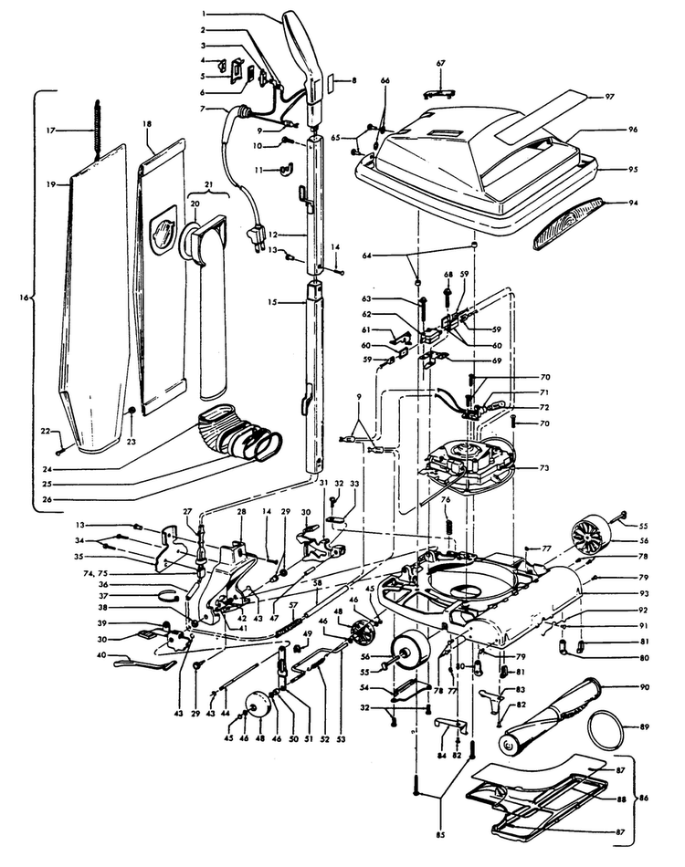 Agitator, Handle, Mainbody, Outerbag Diagram and Parts List for U4107  Hoover Upright Vacuum