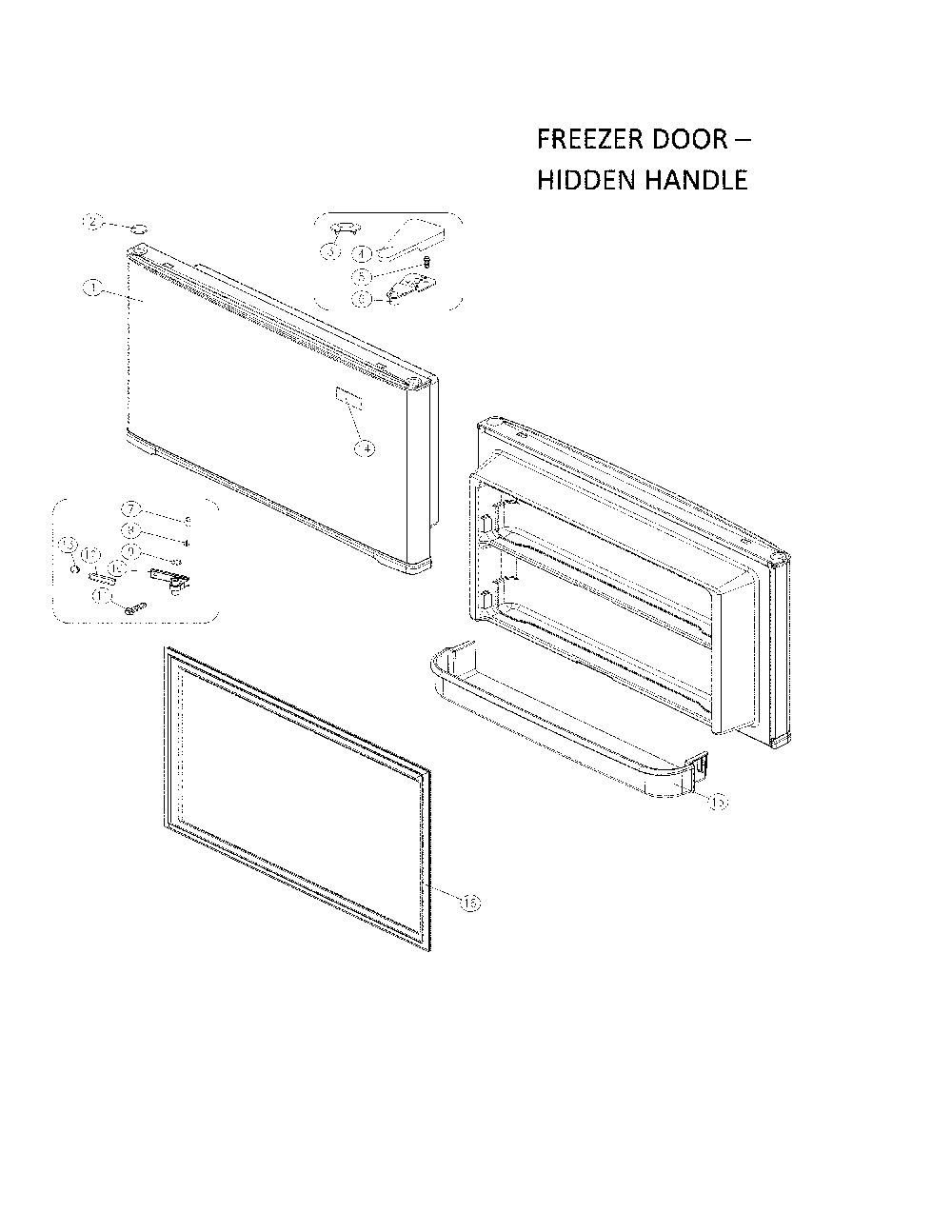 Freezer Door - Hidden Handle Diagram and Parts List for 11160512911  Kenmore Refrigerator