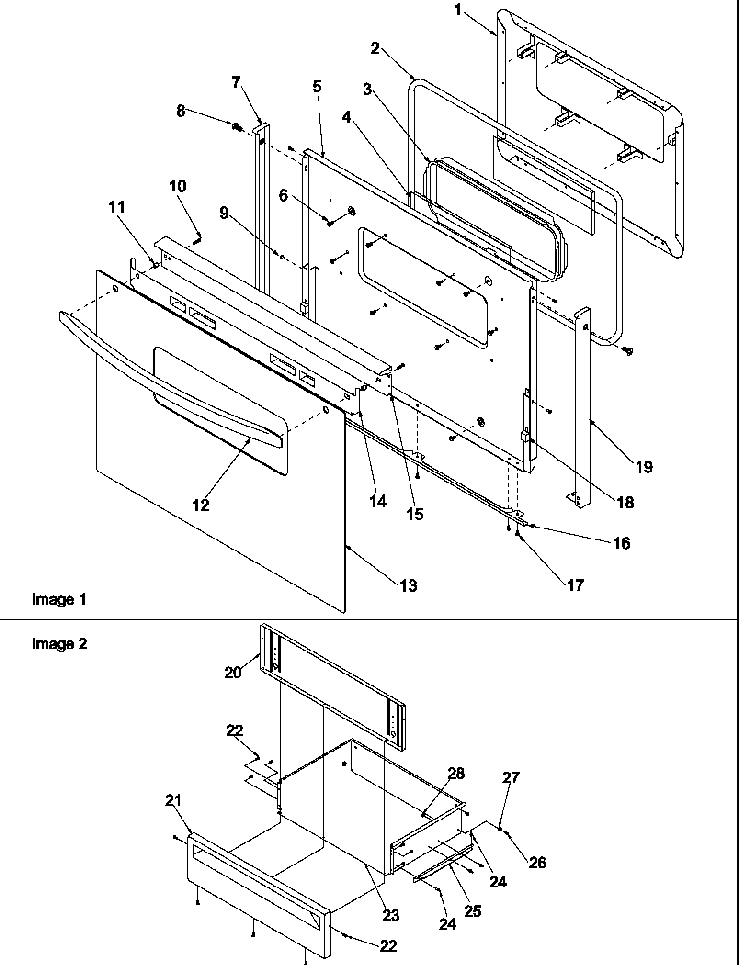 Oven Door And Storage Drawer Diagram and Parts List for ARTC7003W P1143636NW Amana Range