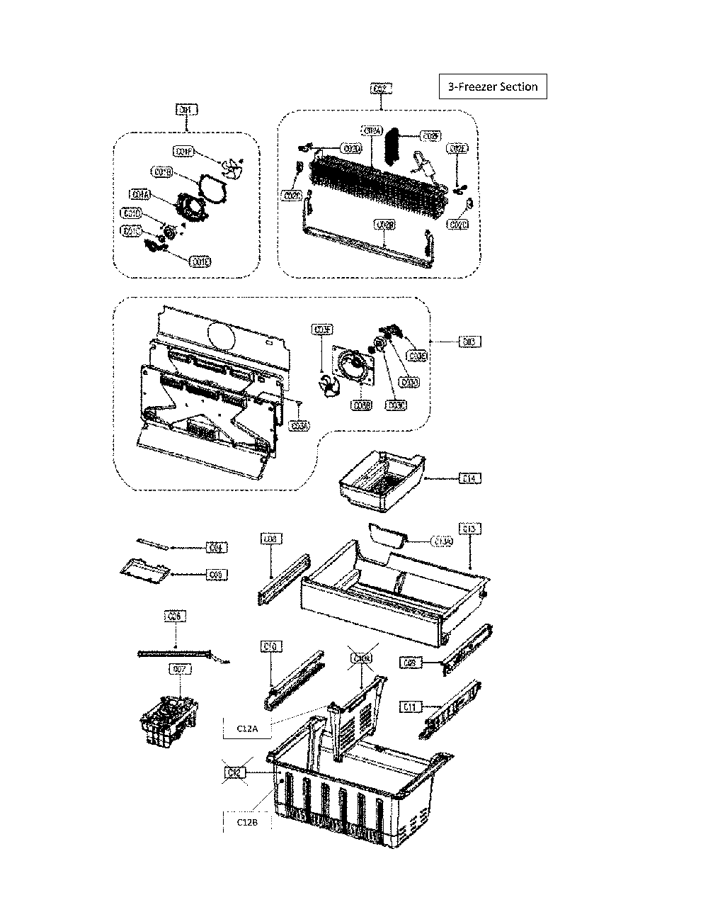 Freezer Section Diagram and Parts List for 11175032020  Kenmore Refrigerator