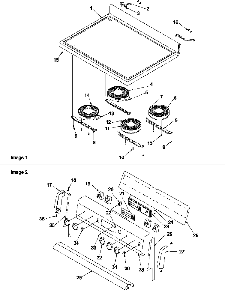 Main Top And Backguard Diagram and Parts List for ARTC7003W P1143636NW Amana Range