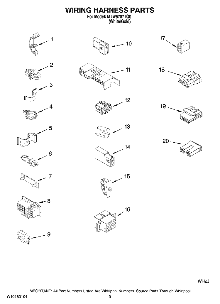 WIRING HARNESS PARTS Diagram and Parts List for MTW5707TQ0  Maytag Washer