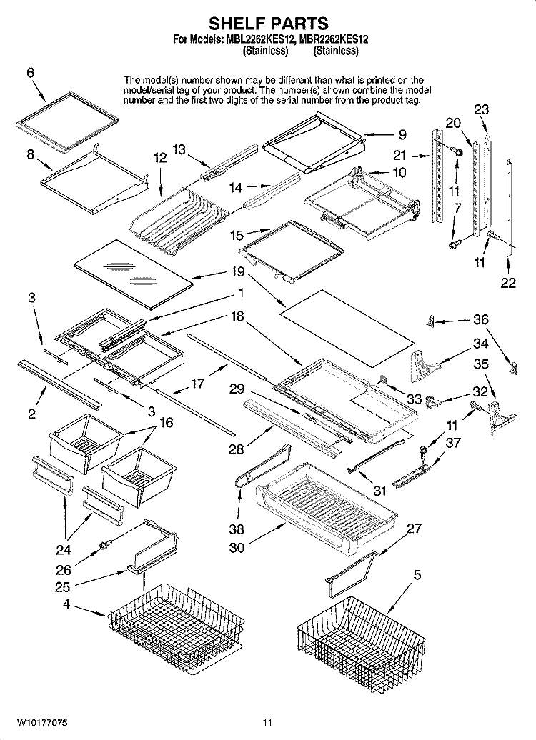 SHELF PARTS Diagram and Parts List for MBL2262KES12  Maytag Refrigerator