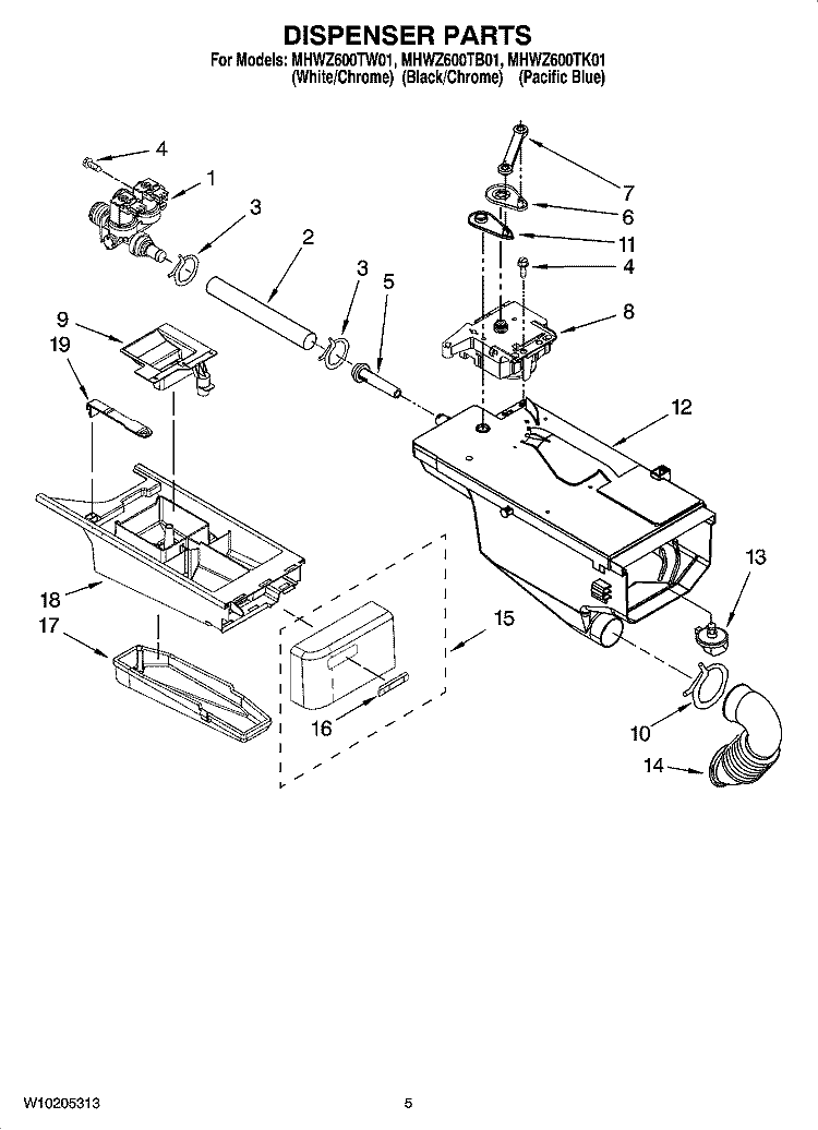 DISPENSER PARTS Diagram and Parts List for  Maytag Washer