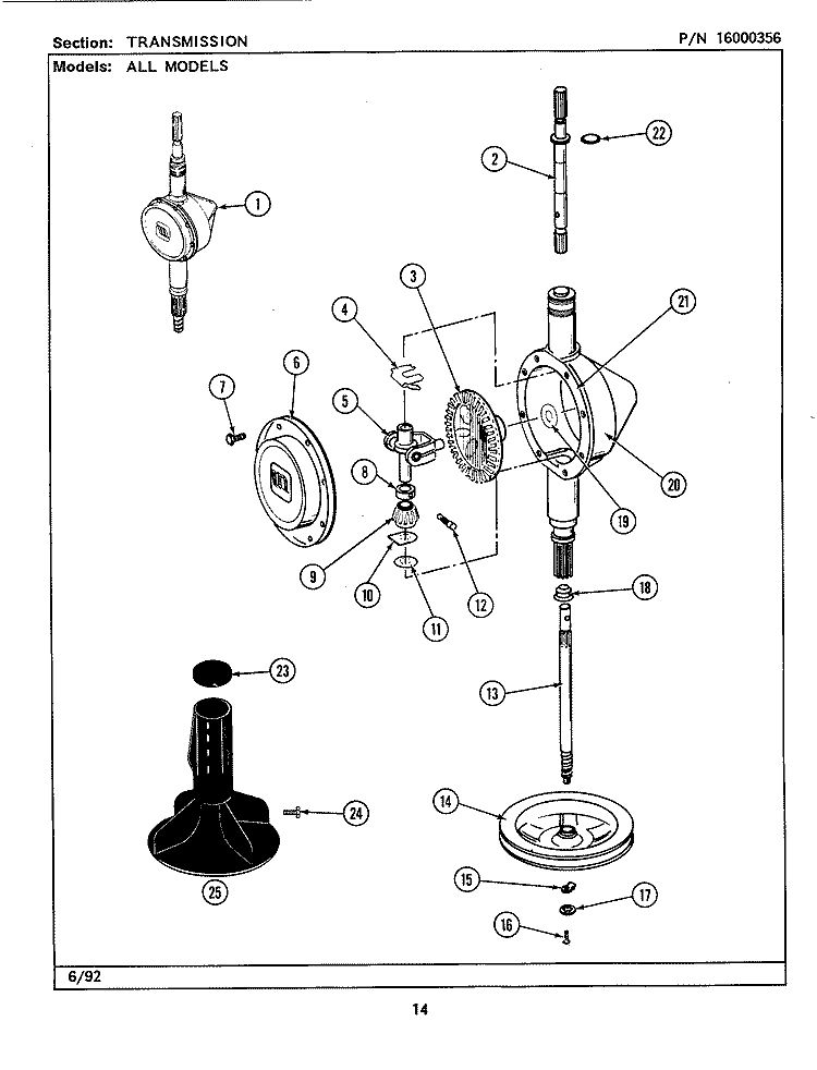 TRANSMISSION Diagram and Parts List for  Maytag Washer