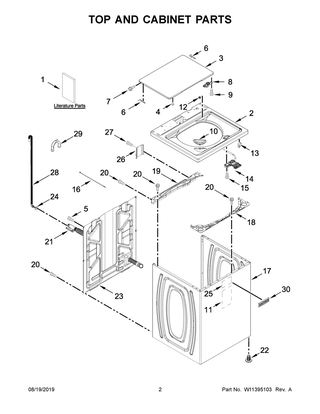 Top And Cabinet Parts Diagram and Parts List for  Maytag Washer
