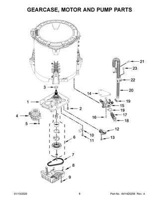 Gearcase, Motor And Pump Parts Diagram and Parts List for  Maytag Washer