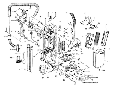 Motor, Handle, Hose, Outerbag Diagram and Parts List for U5363-900  Hoover Upright Vacuum