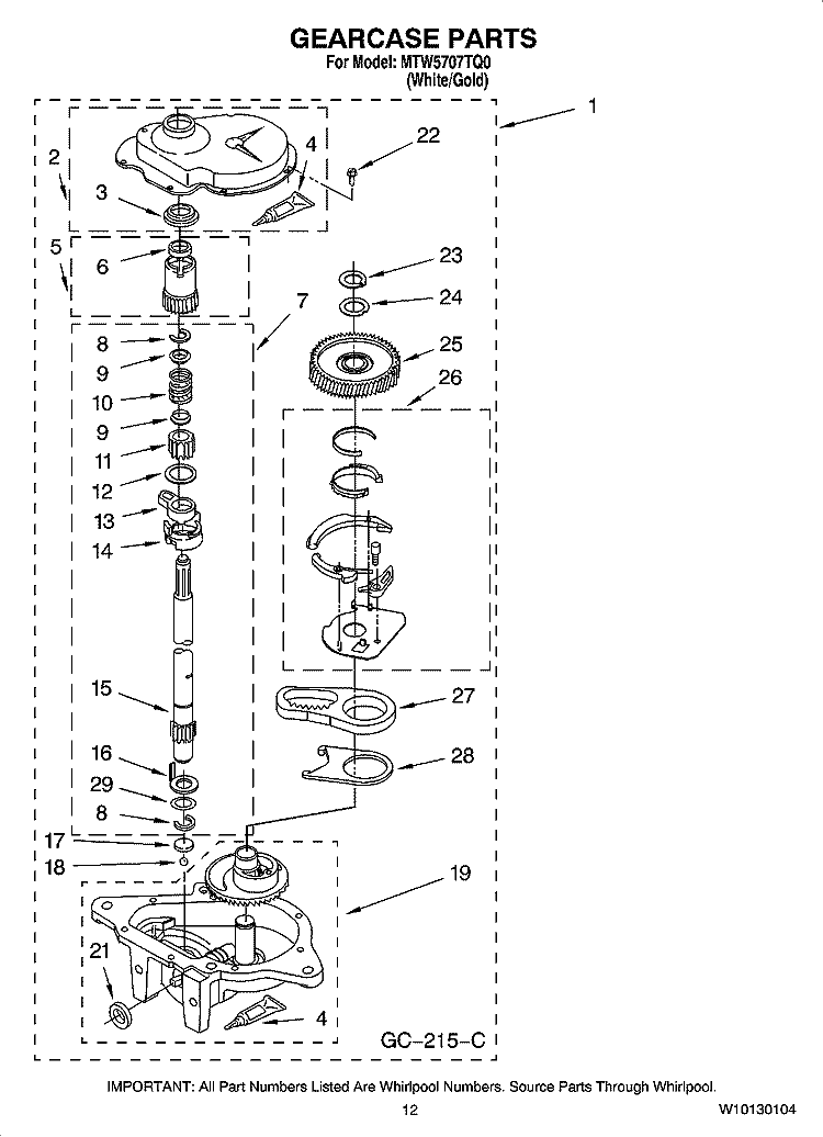 GEARCASE PARTS, OPTIONAL PARTS (NOT INCLUDED) Diagram and Parts List for MTW5707TQ0  Maytag Washer