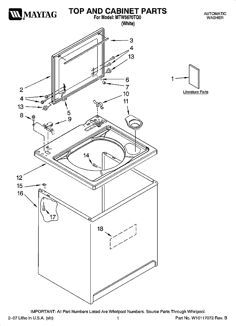 TOP AND CABINET PARTS Diagram and Parts List for MTW5670TQ0  Maytag Washer