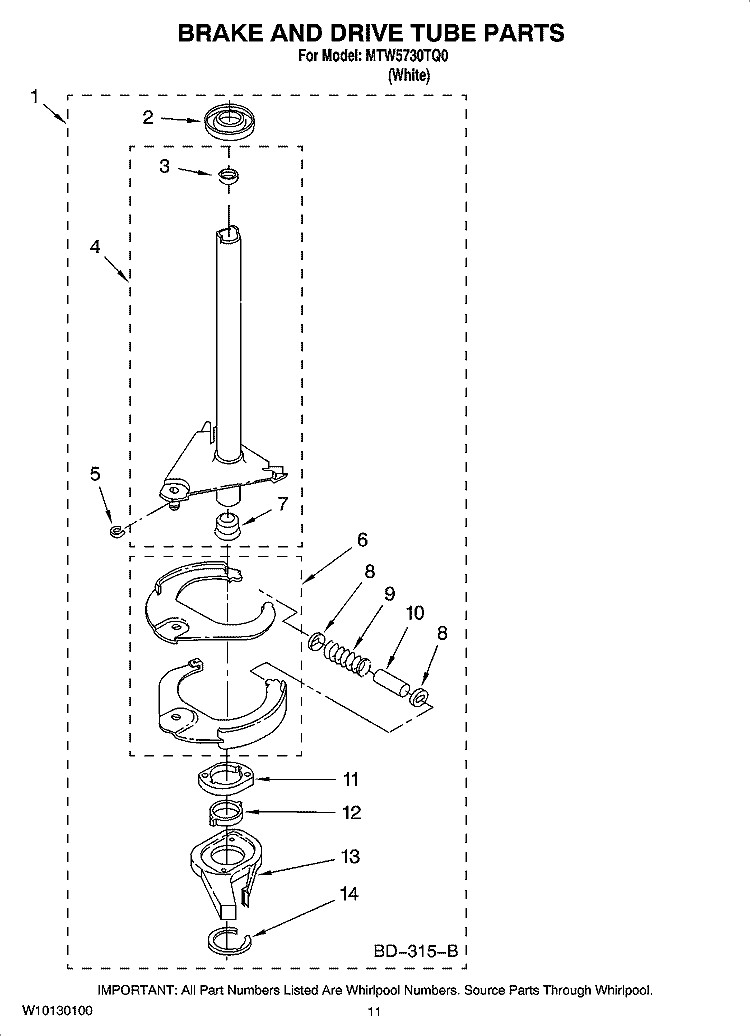 BRAKE AND DRIVE TUBE PARTS Diagram and Parts List for MTW5730TQ0  Maytag Washer