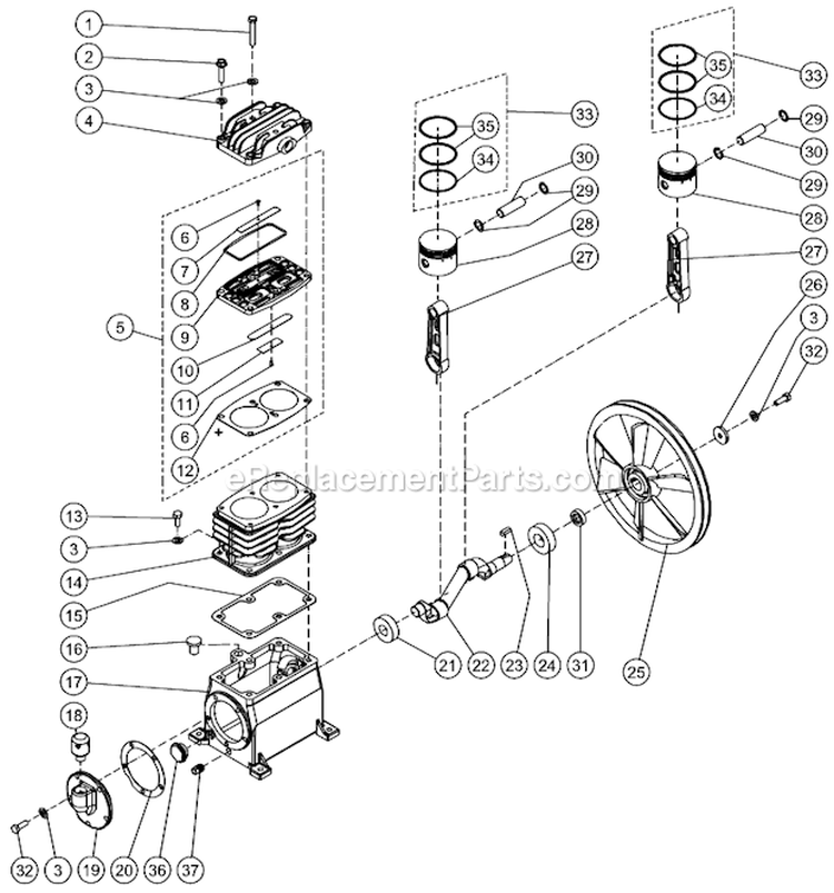 Single Stage Compressor Diagram and Parts List for  Mi-T-M Compressor