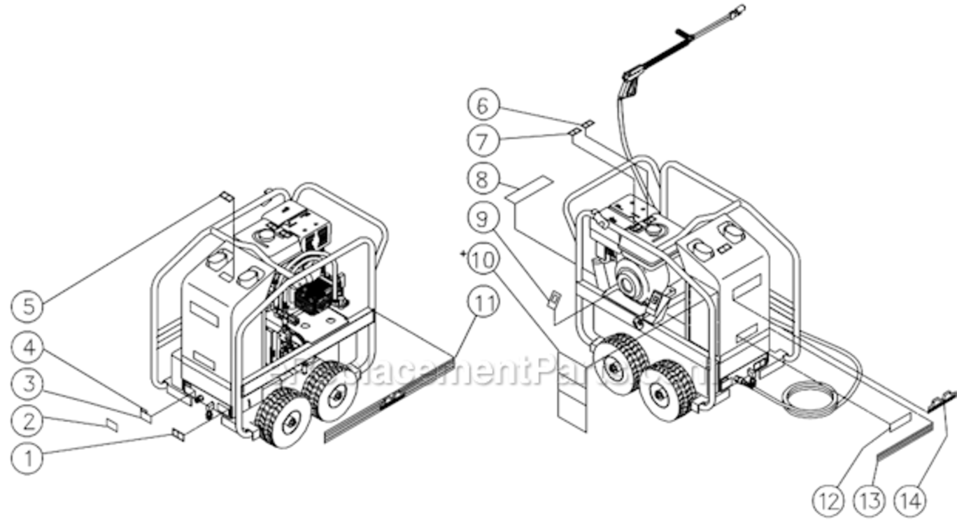 Decal Placement Diagram and Parts List for  Mi-T-M Pressure Washer
