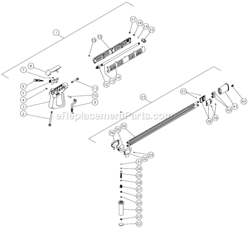 Gun/Wand And Adjustable Pressure Dual Lance Diagram and Parts List for  Mi-T-M Pressure Washer
