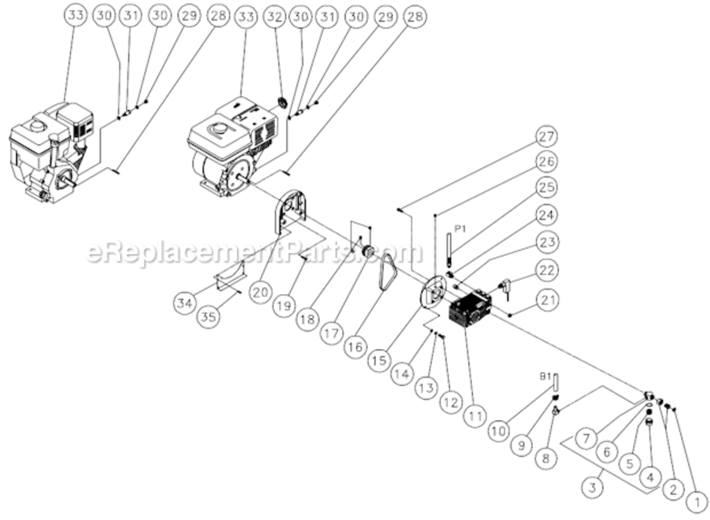 Engine/Pump Assembly Diagram and Parts List for  Mi-T-M Pressure Washer