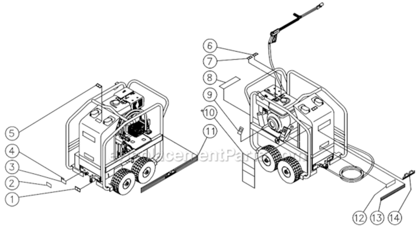 Decal Placement Diagram and Parts List for  Mi-T-M Pressure Washer