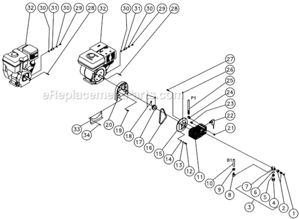 Engine/ Pump Assembly Diagram and Parts List for  Mi-T-M Pressure Washer