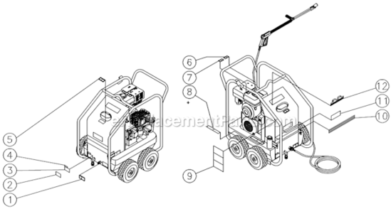 Decal Placement Diagram and Parts List for  Mi-T-M Pressure Washer