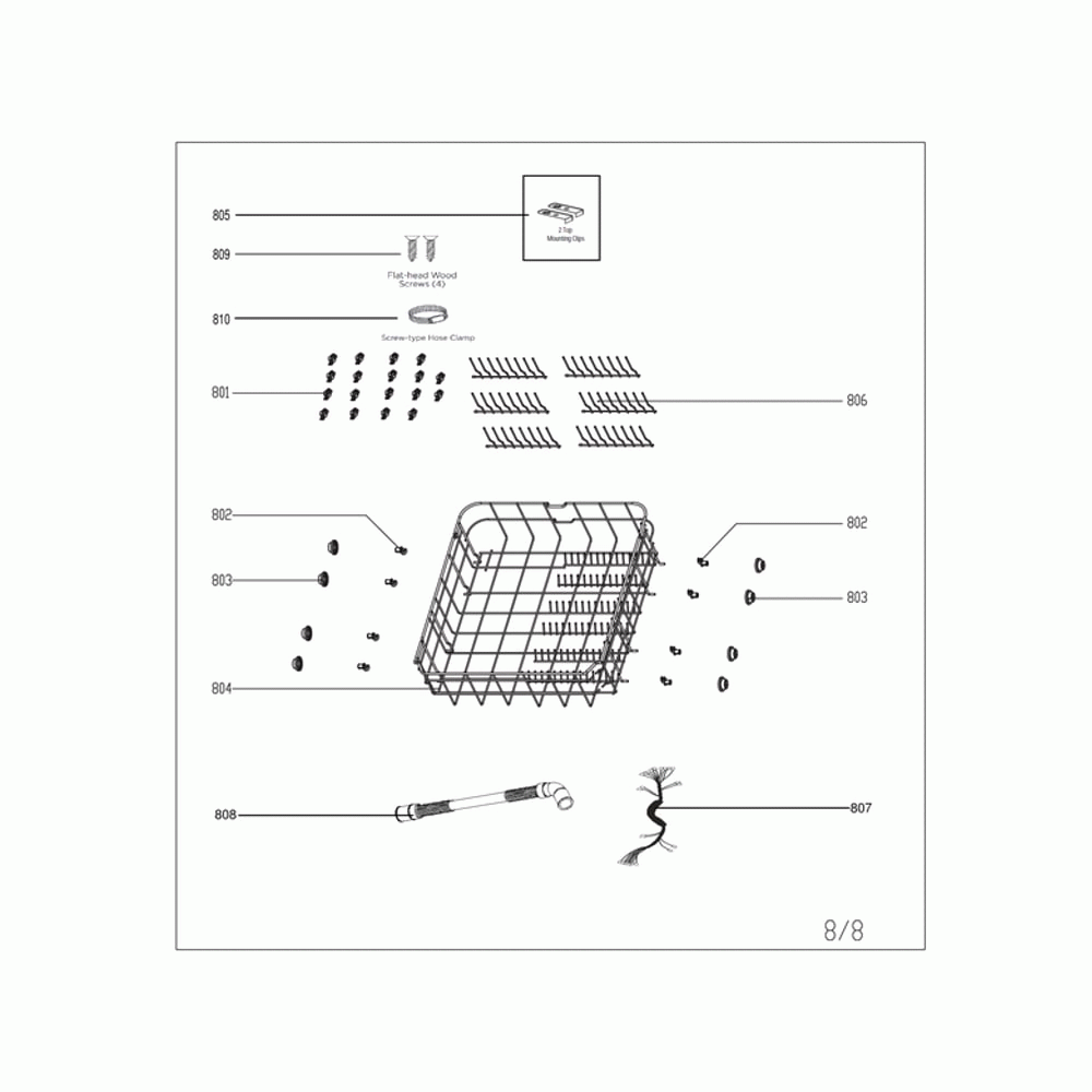 Lower Basket/Back Pipe/Stator Diagram and Parts List for  Midea Dishwasher