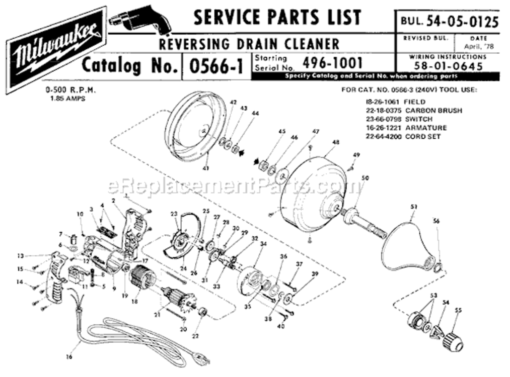 Page A Diagram and Parts List for SER 496-1001 Milwaukee Drain Cleaner