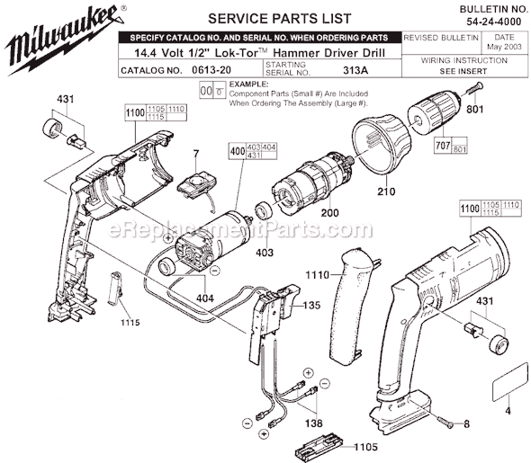 Page A Diagram and Parts List for SER 313A Milwaukee Cordless Drill