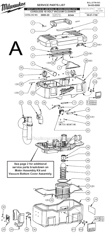 Page A Diagram and Parts List for SER B34A Milwaukee Utility Vacuum