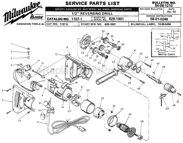 Page A Diagram and Parts List for SER 629-1001 Milwaukee